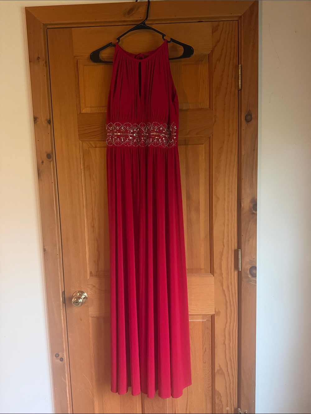 R&M Richards Red Halter Evening Dress with Beaded Waist